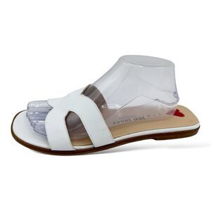 Jon Josef White Leather Greek Key Slip-On Flat Sandals Sz‎ 10